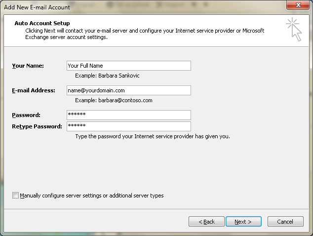 Setting up email in Microsoft Outlook - Step 4 Setting up email in Microsoft Outlook - Step 4