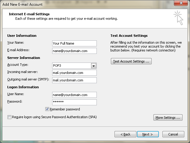 Setting up email in Microsoft Outlook - Step 7