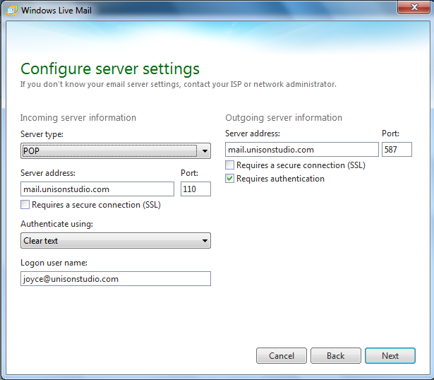 Setting up email in Windows Live Mail - Step 3